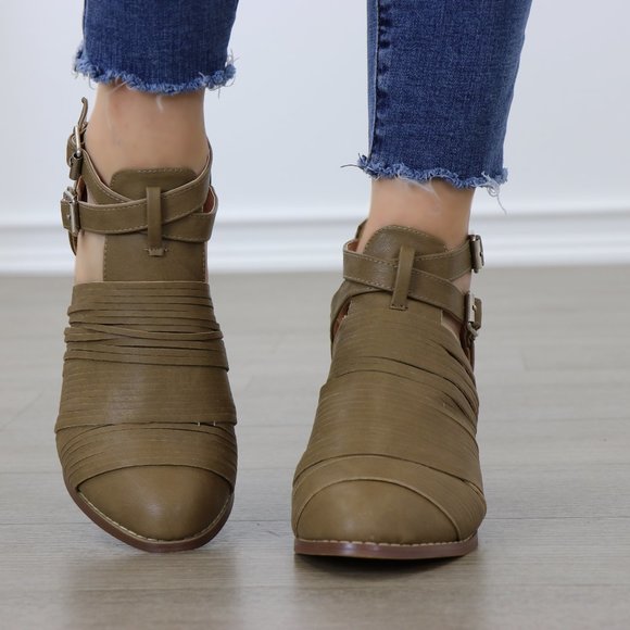 Taupe Faux Leather Strap Ankle Booties - Picture 3 of 7